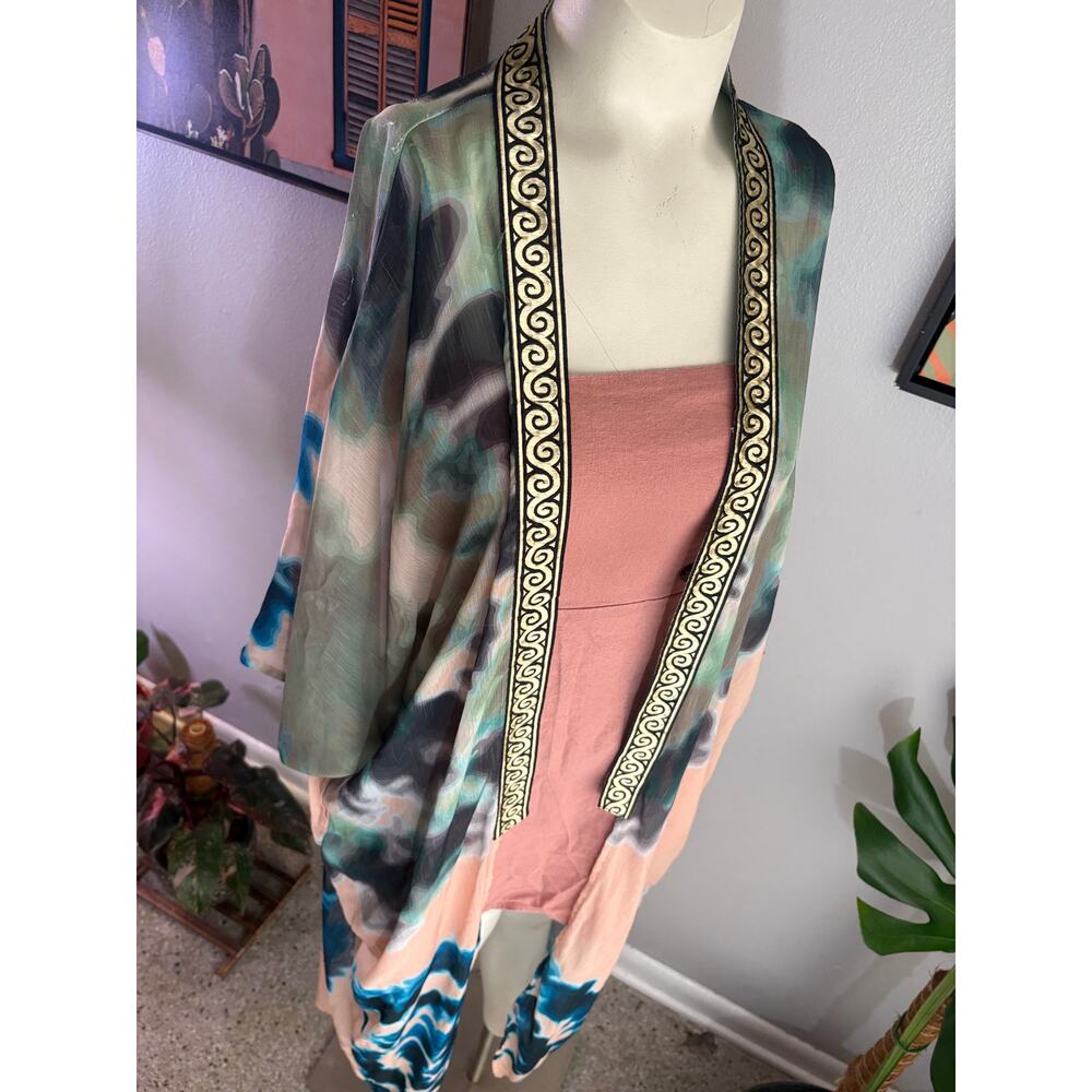 Suki So Long Boho Kimono Duster Watercolor Print Open Front Sheer Cover Up
